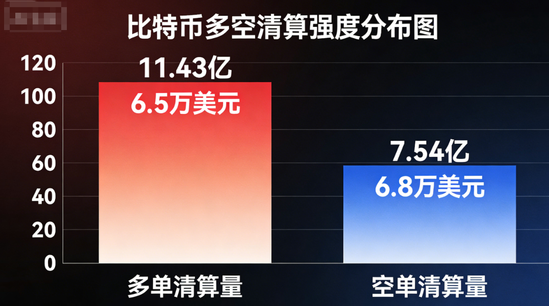 比特币若跌破6.5万将触发11.43亿多单清算 突破6.8万则空单清算7.54亿